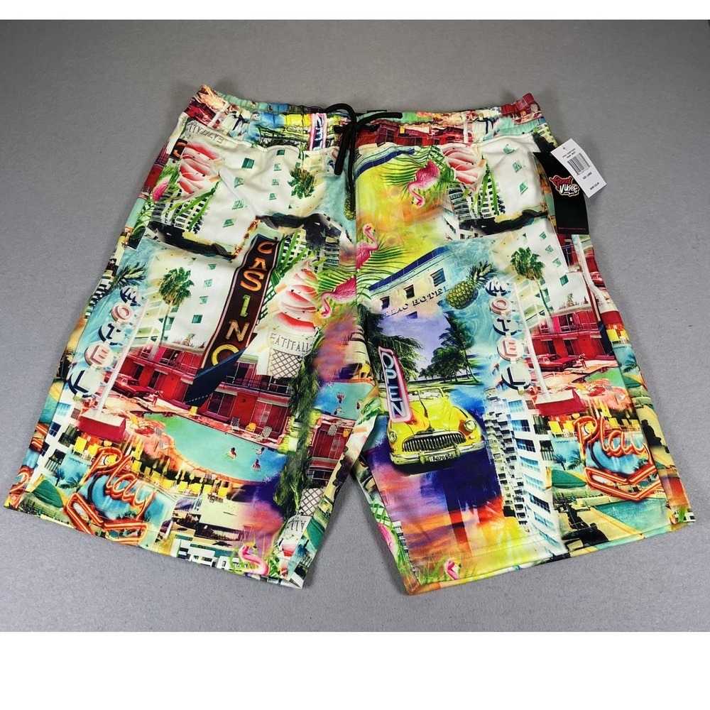 Good Vibes Miami‎ Beach Swim Trunks Men's Large Tropical Flamingo Shorts NWT